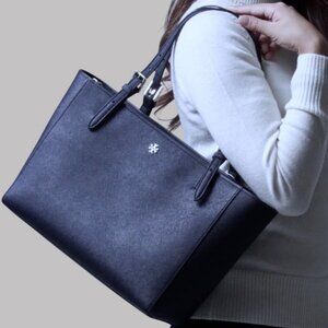 Tory Burch York Saffiano leather buckle tote bag navy blue women's